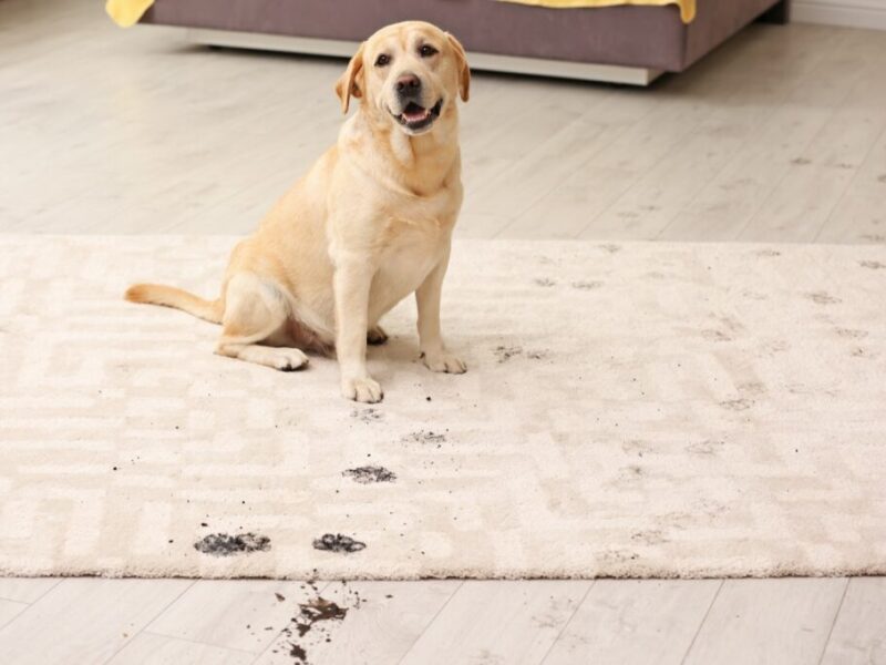 Cute dog leaving muddy paw prints on carpet